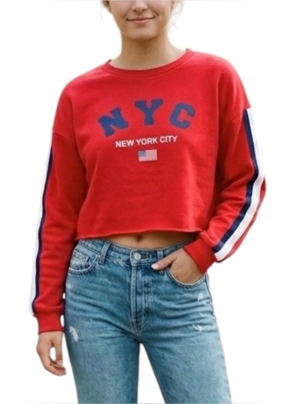 Forever 21 Red White Blue Crop New York Sweatshirt Racing Stripe S America USA